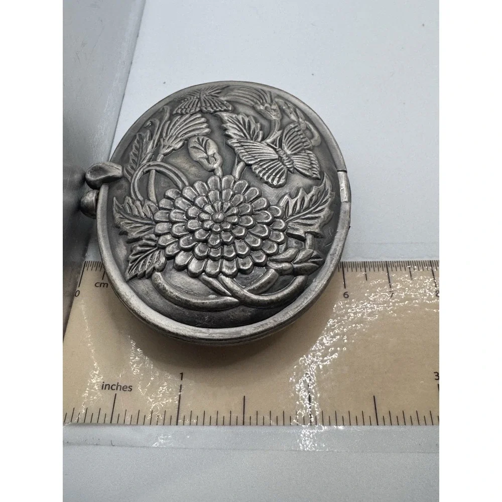 Vintage Oval Butterflies Flowers Embossed Pewter Mirrored Ornate Picture Clamp